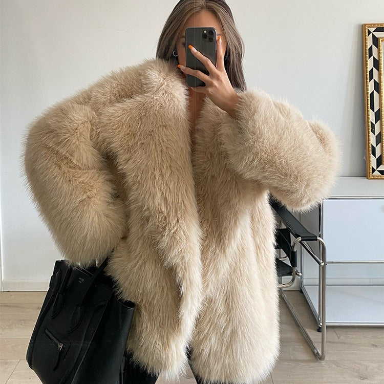 Mid-length faux fur coat with large lapels