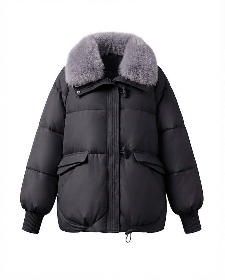 Women's modern oversized puffer with voluminous teddy collar, concealed two-way zipper and adjustable hem
