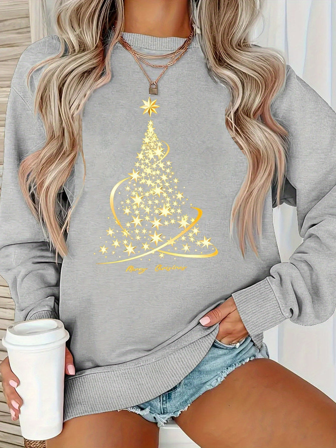 Mune | Jul Sweatshirt with Print Cotton Golden Christmas Tree Design