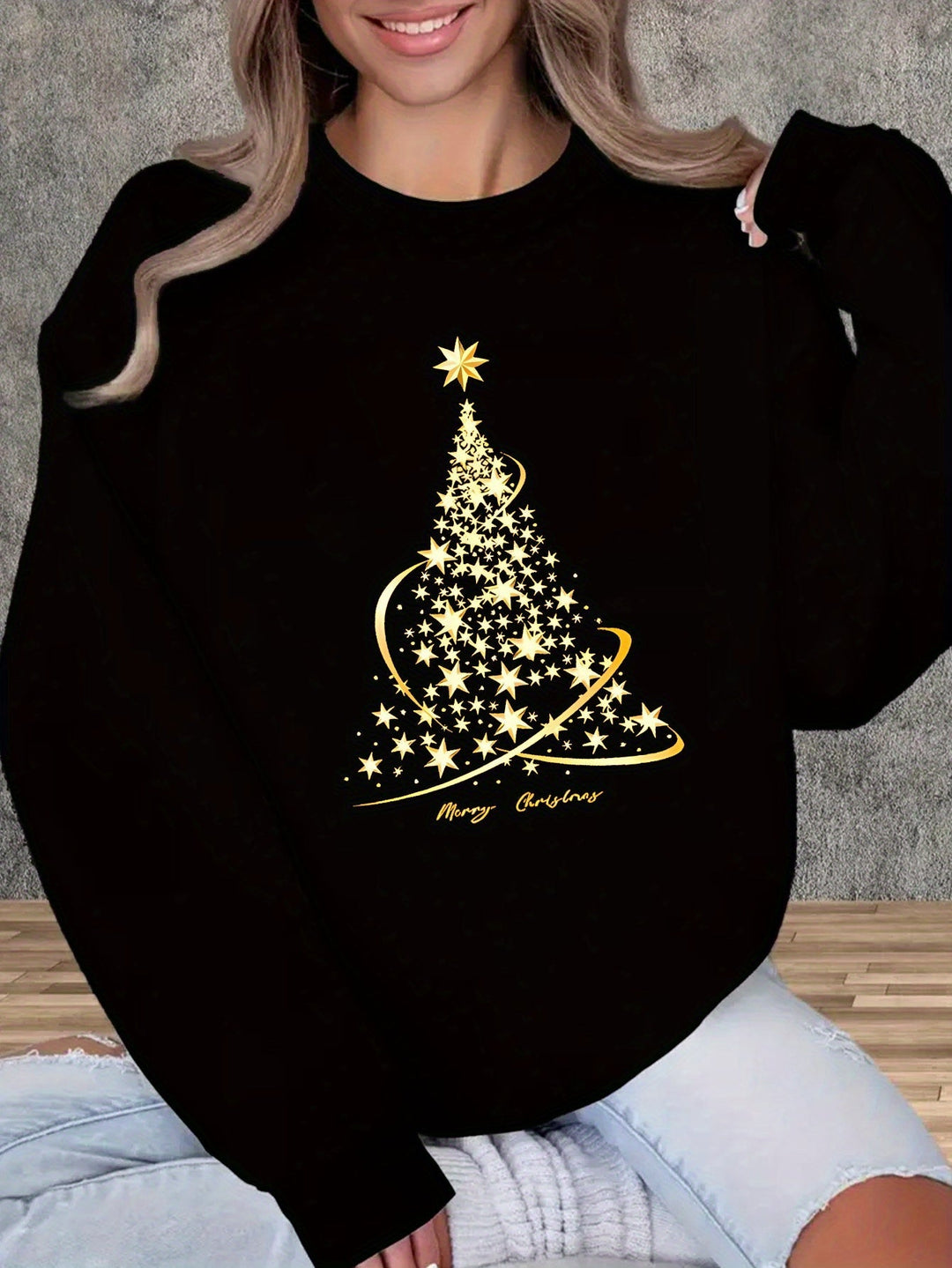 Mune | Jul Sweatshirt with Print Cotton Golden Christmas Tree Design