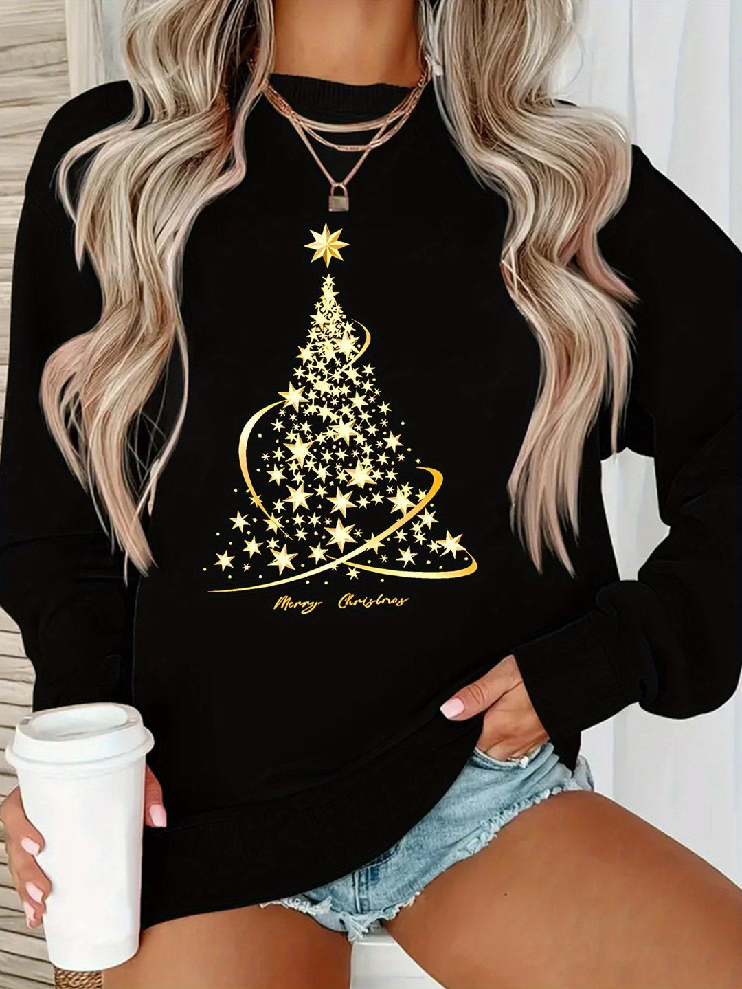 Mune | Jul Sweatshirt with Print Cotton Golden Christmas Tree Design