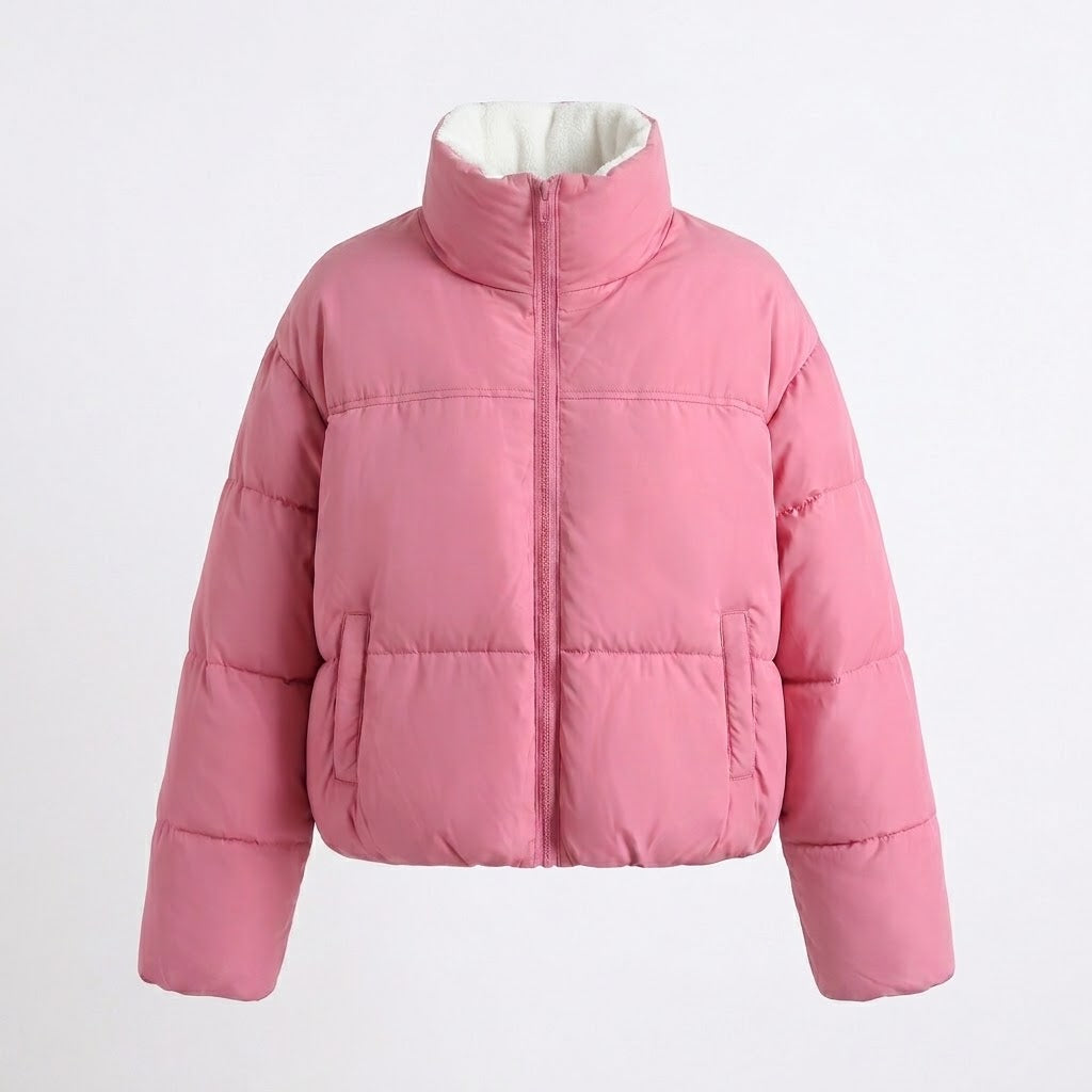 Women's short padded boxy puffer with two-layer stand collar and concealed zipper placket