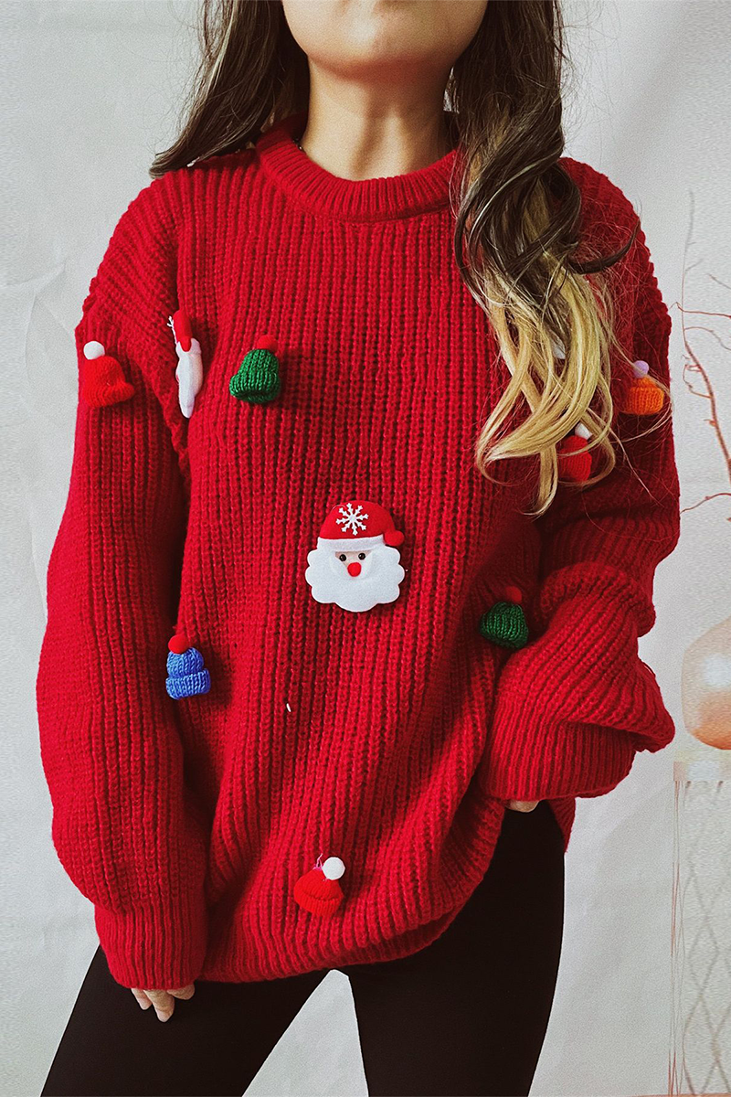Mune | Casual Santa Christmas Tree Patchwork Weave Round Neck Sweater