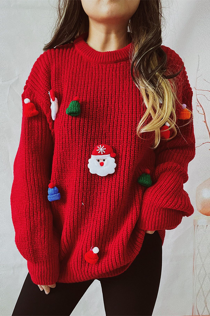 Mune | Casual Santa Christmas Tree Patchwork Weave Round Neck Sweater