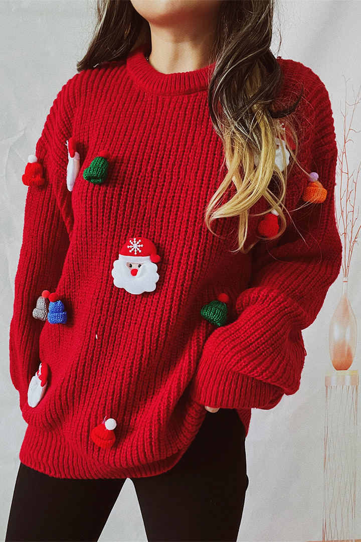 Mune | Casual Santa Christmas Tree Patchwork Weave Round Neck Sweater