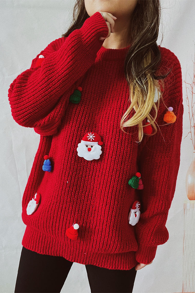Mune | Casual Santa Christmas Tree Patchwork Weave Round Neck Sweater