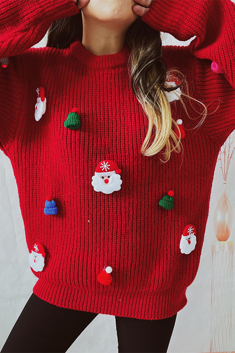Mune | Casual Santa Christmas Tree Patchwork Weave Round Neck Sweater
