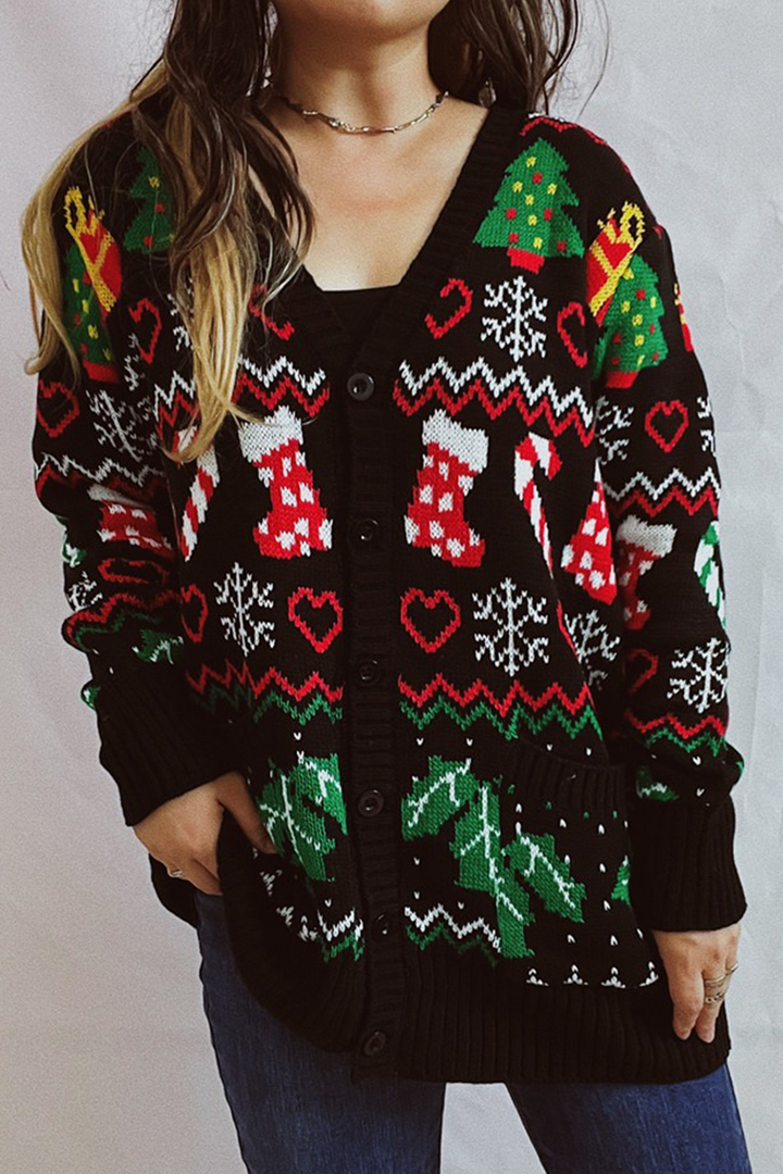Mune | Casual Snowflake Christmas Tree Buttons Fabric Contrast V-Neck Outerwear