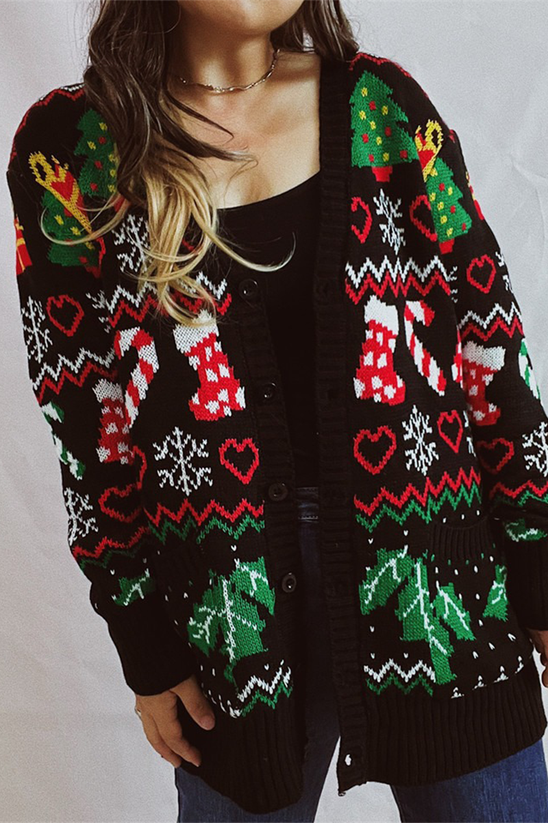 Mune | Casual Snowflake Christmas Tree Buttons Fabric Contrast V-Neck Outerwear