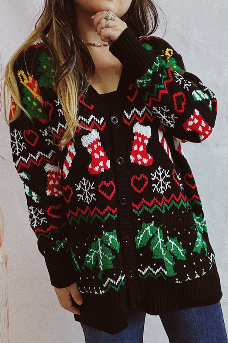 Mune | Casual Snowflake Christmas Tree Buttons Fabric Contrast V-Neck Outerwear