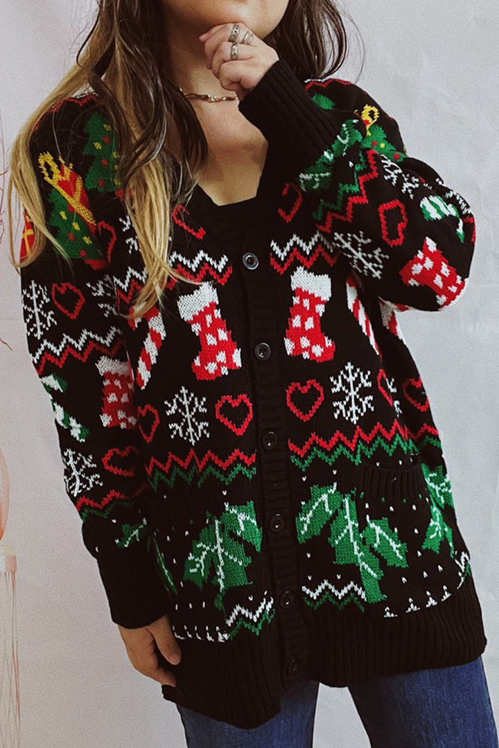 Mune | Casual Snowflake Christmas Tree Buttons Fabric Contrast V-Neck Outerwear