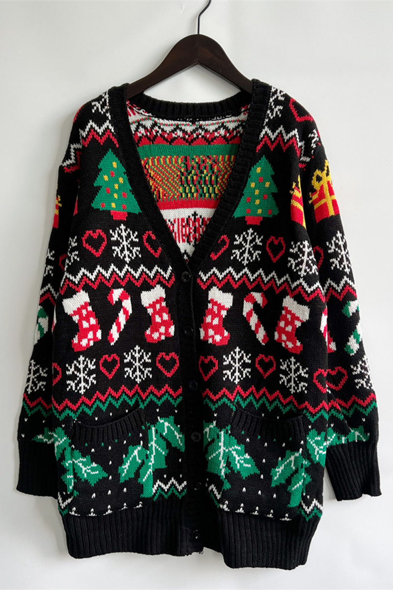 Mune | Casual Snowflake Christmas Tree Buttons Fabric Contrast V-Neck Outerwear