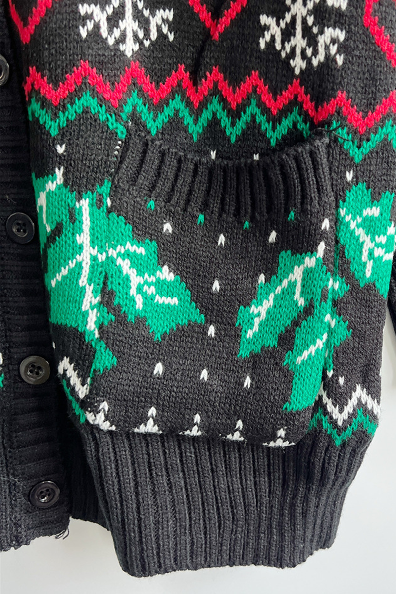 Mune | Casual Snowflake Christmas Tree Buttons Fabric Contrast V-Neck Outerwear