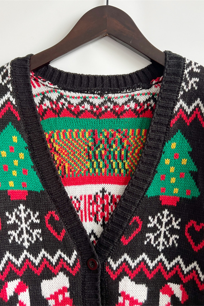 Mune | Casual Snowflake Christmas Tree Buttons Fabric Contrast V-Neck Outerwear