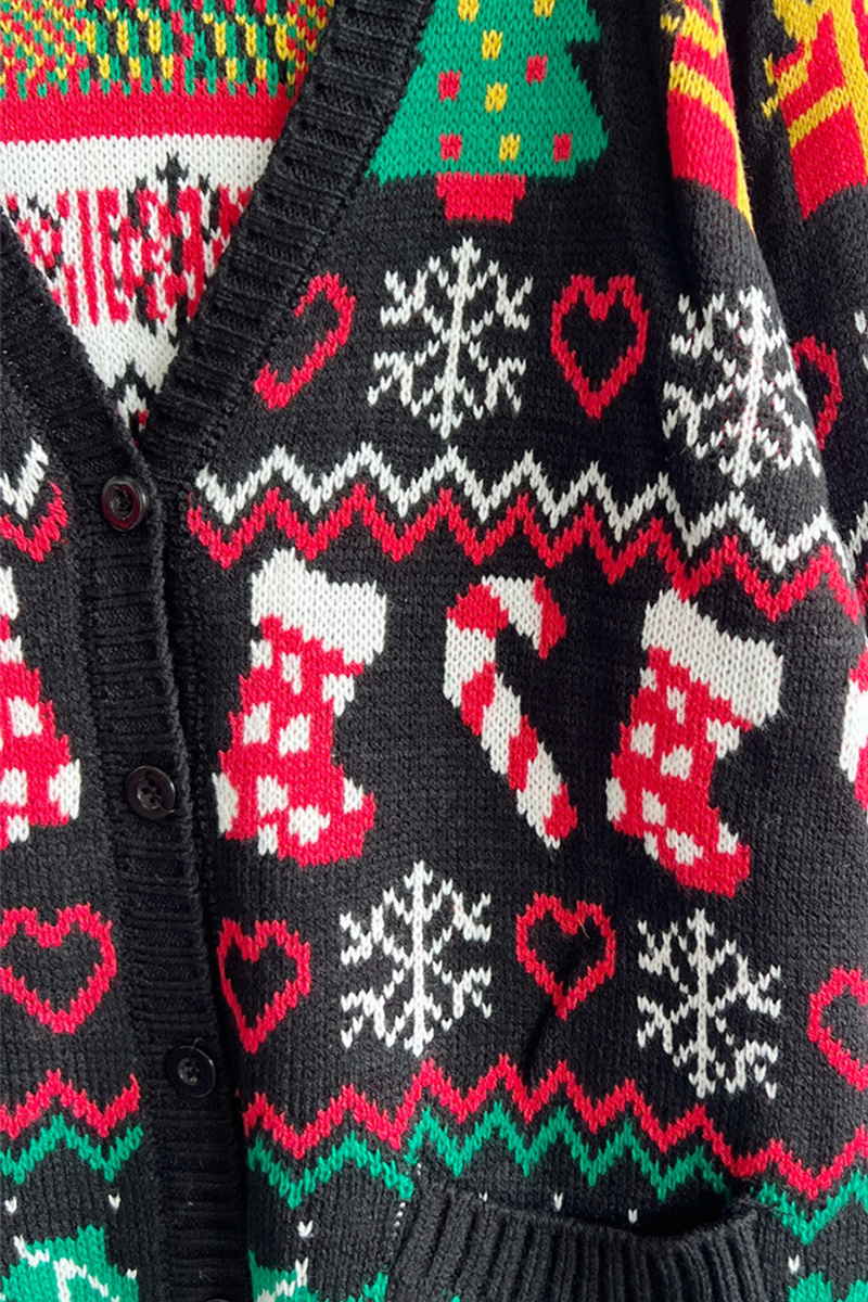 Mune | Casual Snowflake Christmas Tree Buttons Fabric Contrast V-Neck Outerwear
