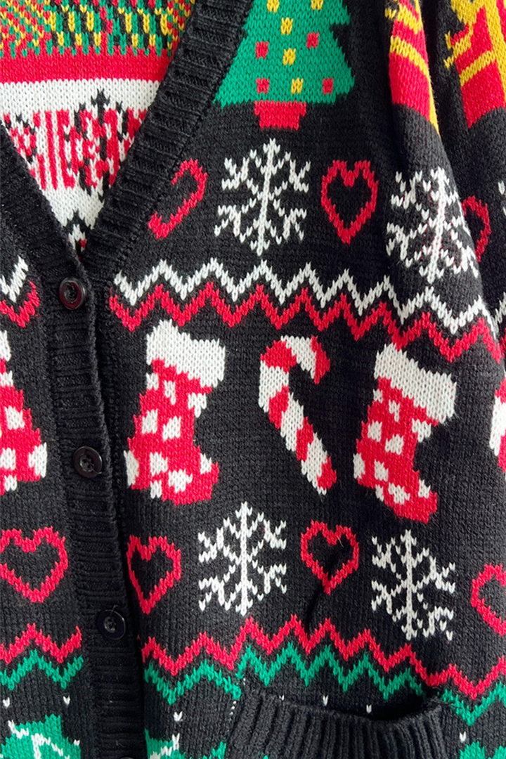 Mune | Casual Snowflake Christmas Tree Buttons Fabric Contrast V-Neck Outerwear