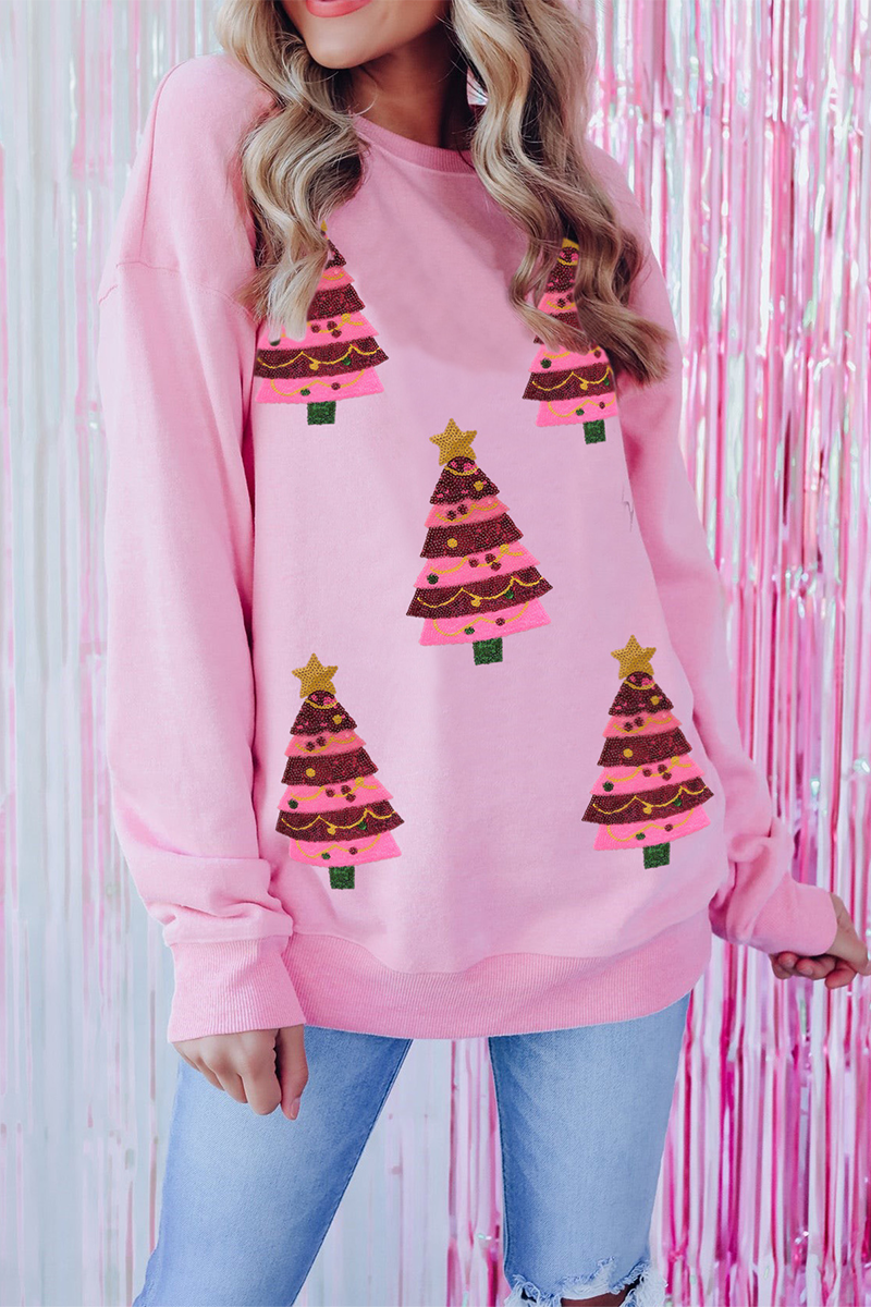 Mune | Casual Christmas Tree Embroidered Sequins Round Neck Sweatshirt