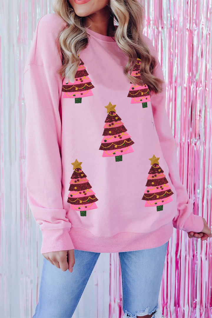 Mune | Casual Christmas Tree Embroidered Sequins Round Neck Sweatshirt