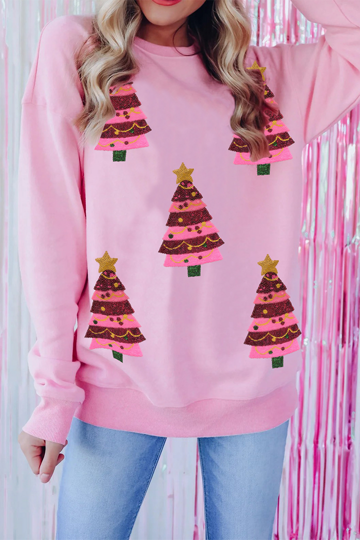 Mune | Casual Christmas Tree Embroidered Sequins Round Neck Sweatshirt