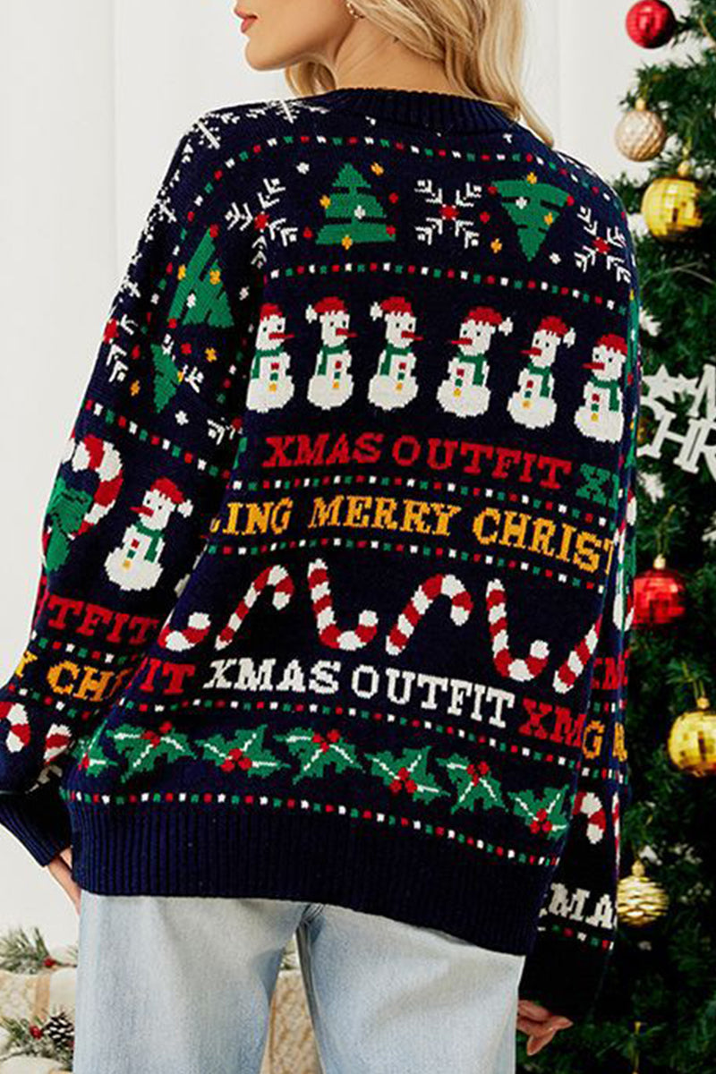 Mune | Casual Daily Snowflake Christmas Tree Letters Weaving Contrast O Neck Sweater
