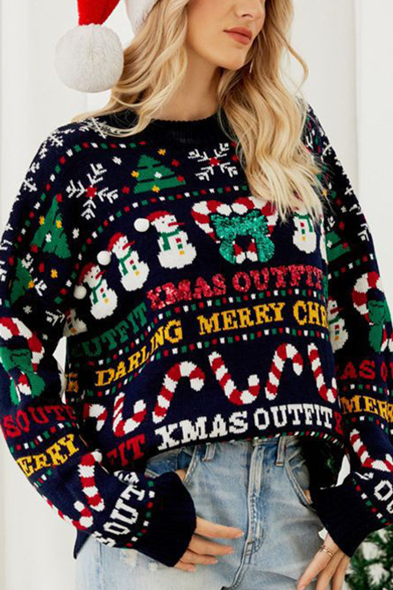 Mune | Casual Daily Snowflake Christmas Tree Letters Weaving Contrast O Neck Sweater