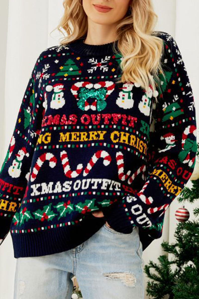 Mune | Casual Daily Snowflake Christmas Tree Letters Weaving Contrast O Neck Sweater