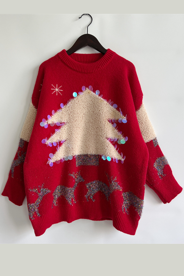 Mune | Casual Christmas Tree Sequin Patch Round Neck Sweater