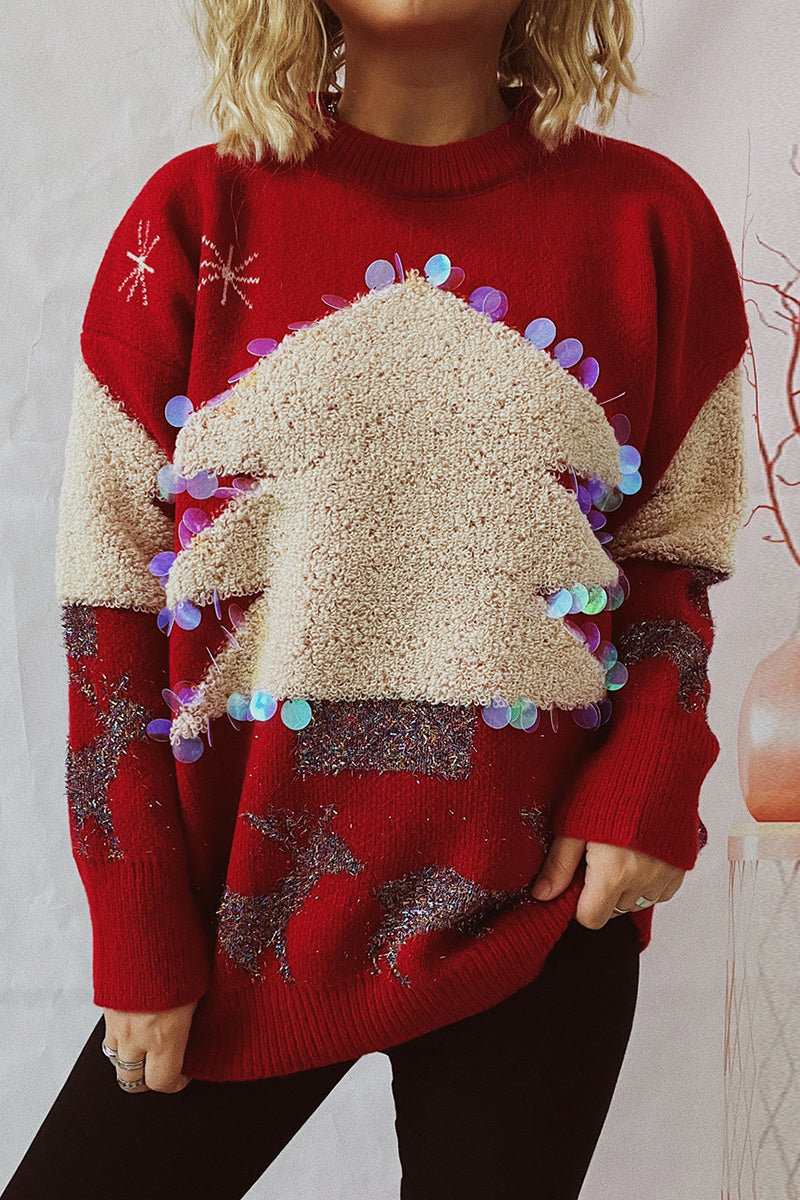 Mune | Casual Christmas Tree Sequin Patch Round Neck Sweater
