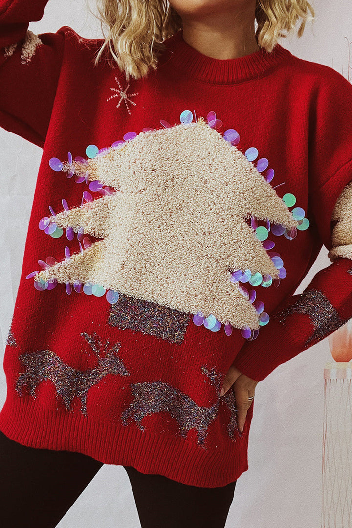 Mune | Casual Christmas Tree Sequin Patch Round Neck Sweater