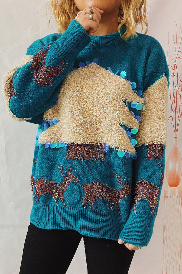 Mune | Casual Christmas Tree Sequin Patch Round Neck Sweater
