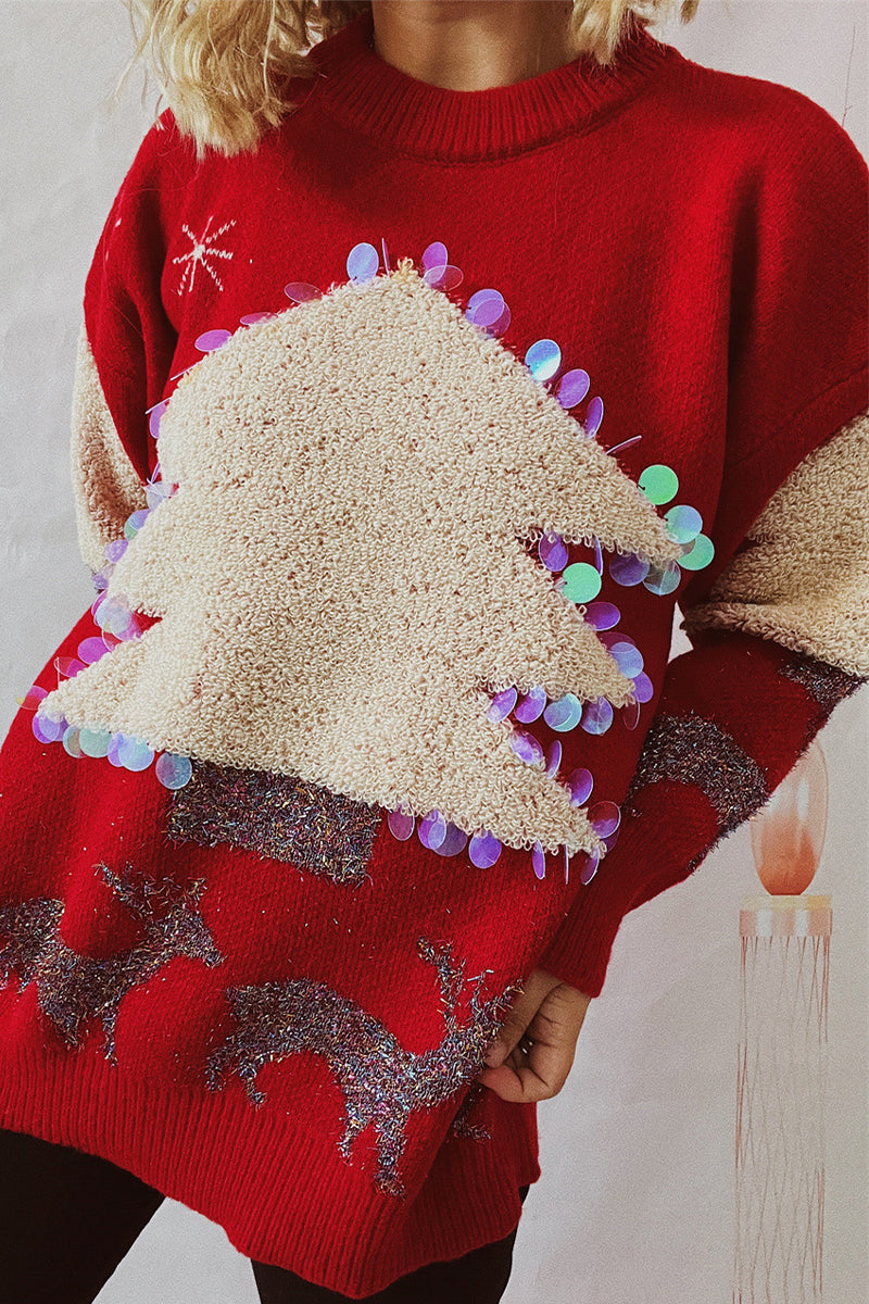Mune | Casual Christmas Tree Sequin Patch Round Neck Sweater