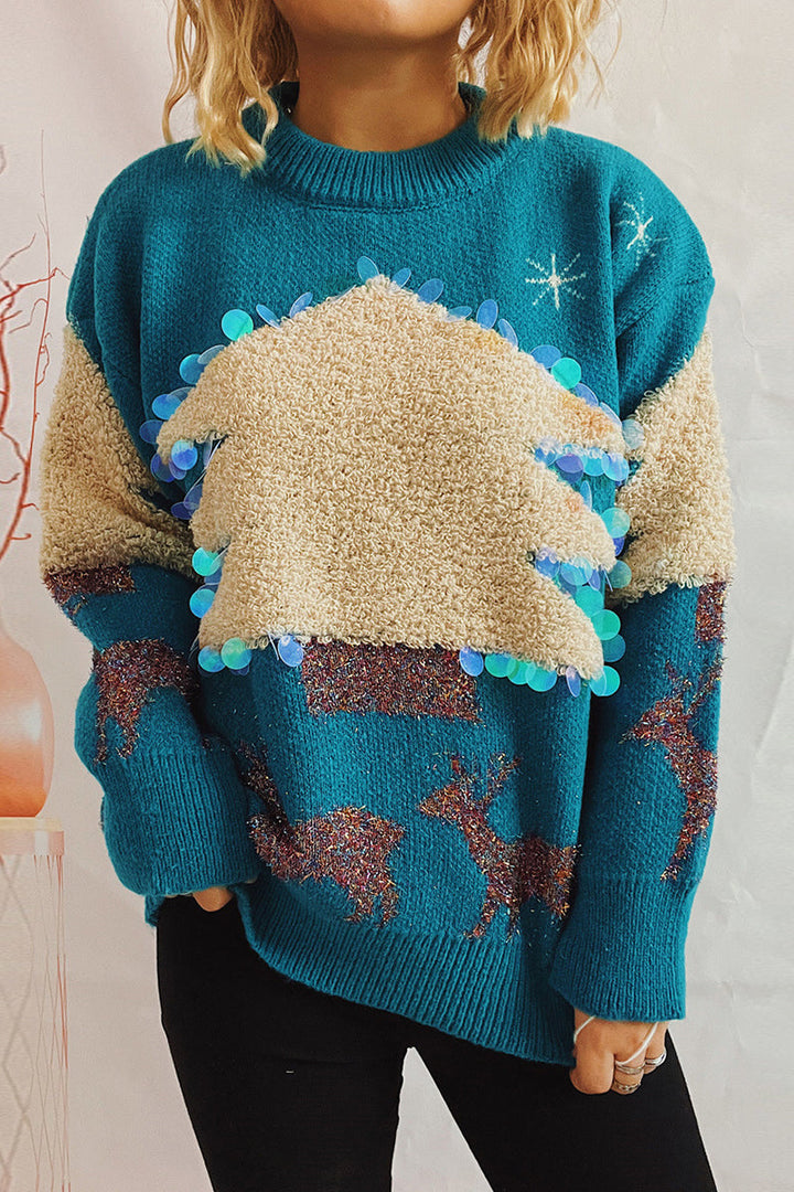 Mune | Casual Christmas Tree Sequin Patch Round Neck Sweater