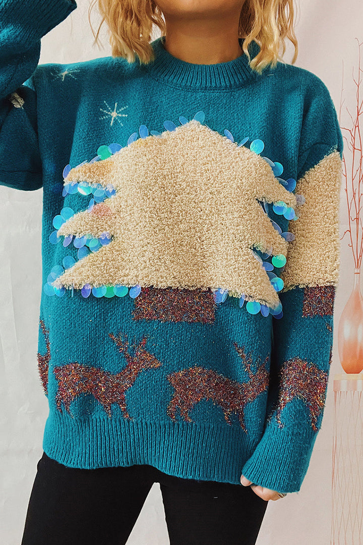 Mune | Casual Christmas Tree Sequin Patch Round Neck Sweater