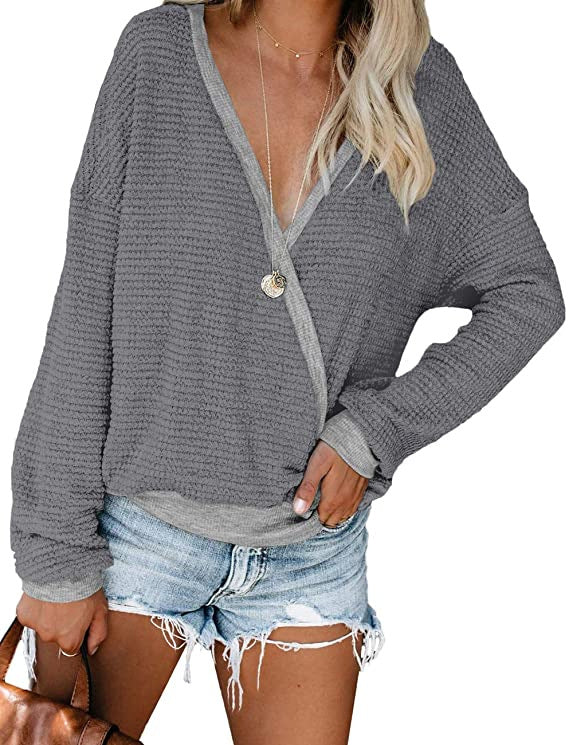 Women Loose Waffle Knit Sweater with Deep V-Neck and Layered Look Mune Fashion