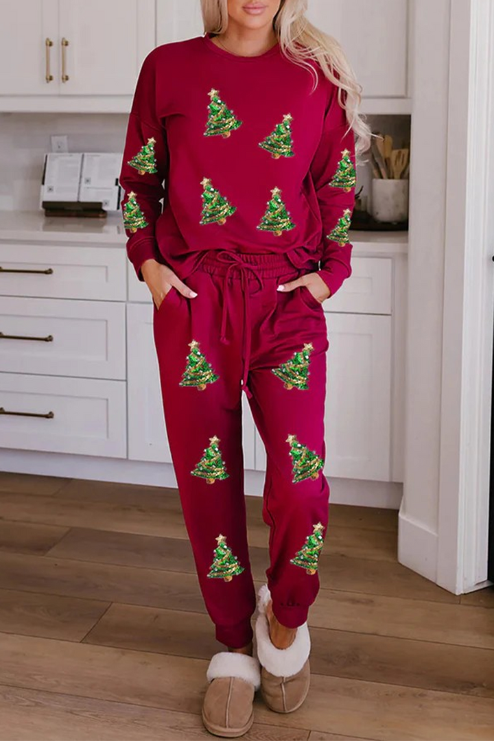 Mune | Casual Party Santa Christmas Tree Candy Sequins Lace O-Neck Long Sleeve Two Pieces (3 Colors)