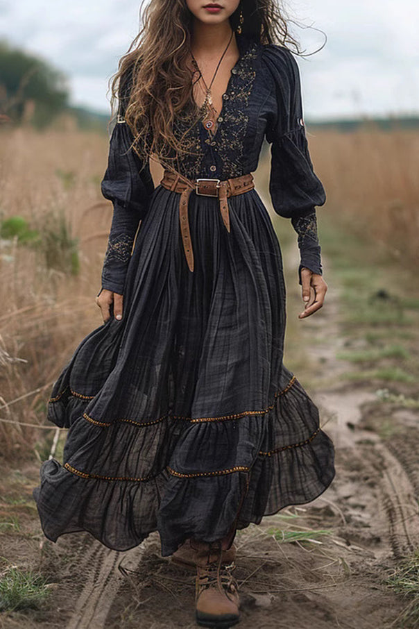 Mune | Casual Flower Embroidered Frayed V-Neck A-Line Dresses No Waist Belt