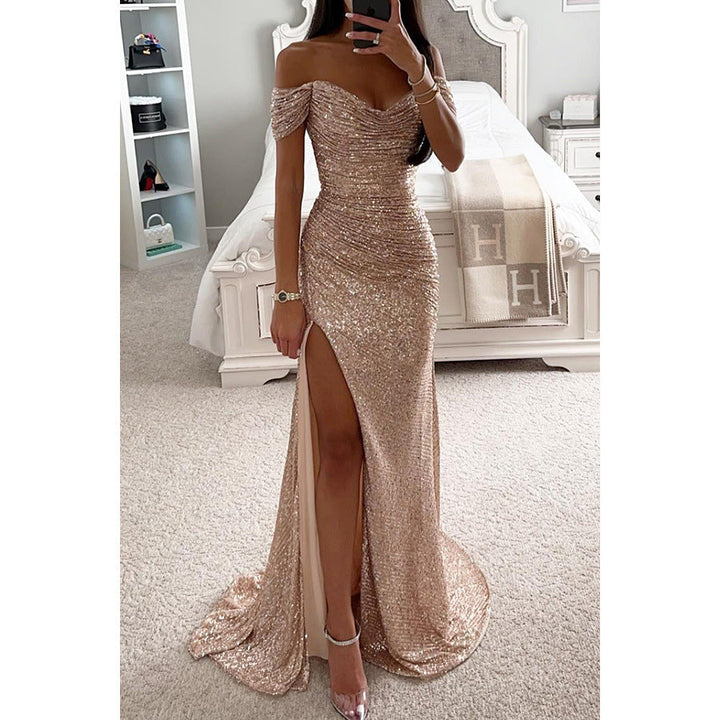 Sparkling Women's Evening Dress Strapless Maxi Dress with Slit for Wedding & Celebration | Mune Fashion