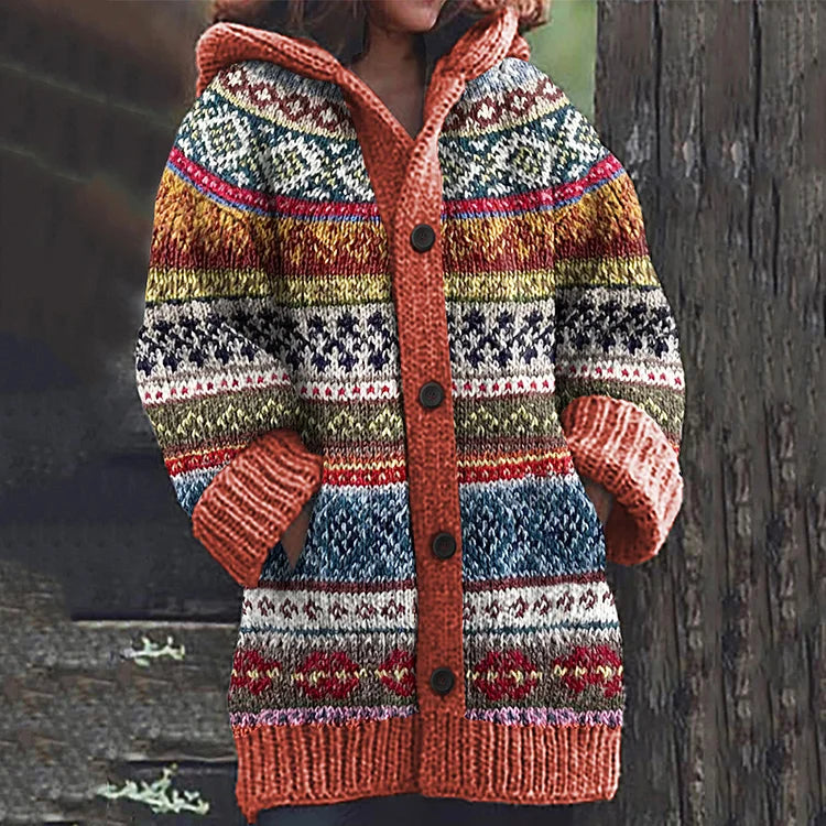 Women Fair Isle Hooded Knit Cardigan