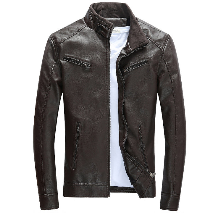 Men's faux leather biker jacket with stand collar, zippered pockets, and slim fit Mune Fashion