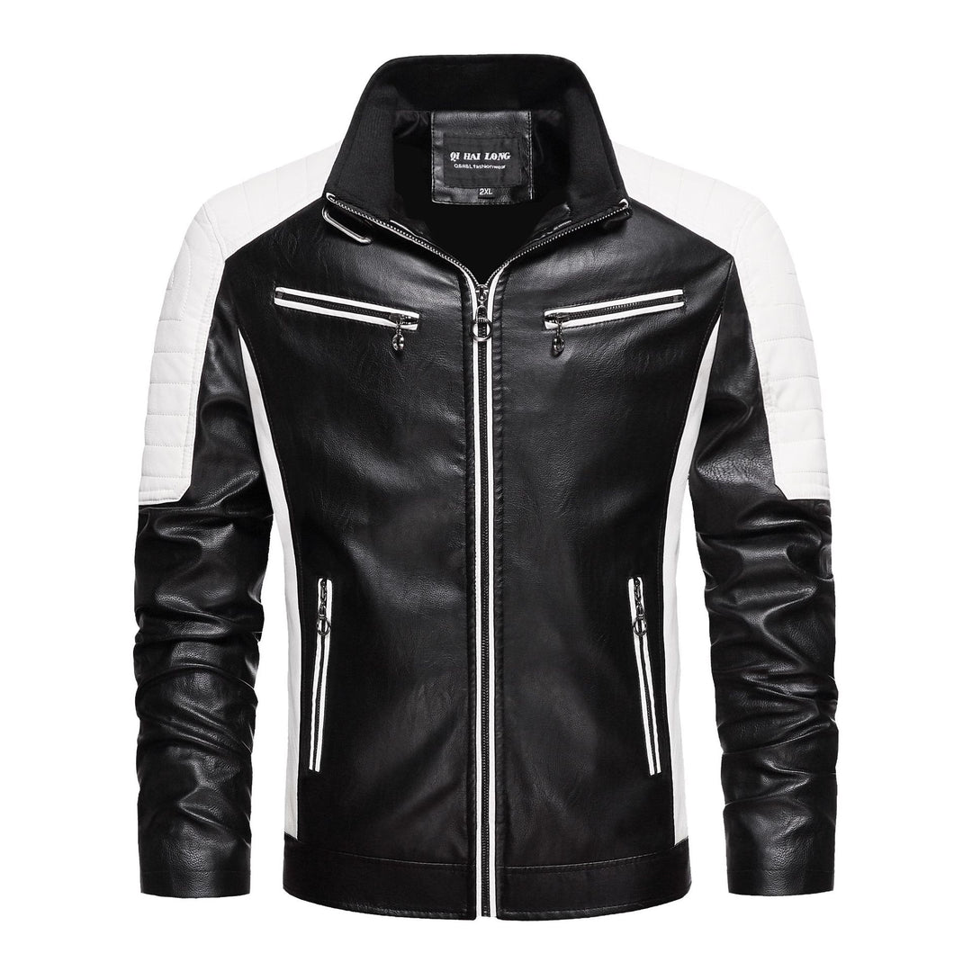 Men's Faux Leather Biker Jacket in Retro Racer Style with Quilted Shoulder Panels and Contrast Trim Mune Fashion