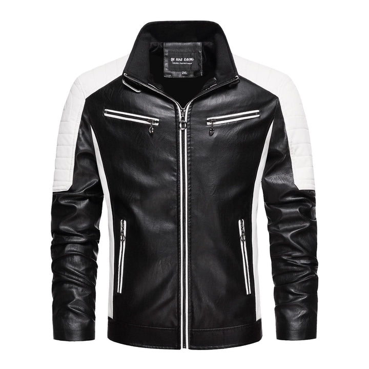 Men's Faux Leather Biker Jacket in Retro Racer Style with Quilted Shoulder Panels and Contrast Trim Mune Fashion