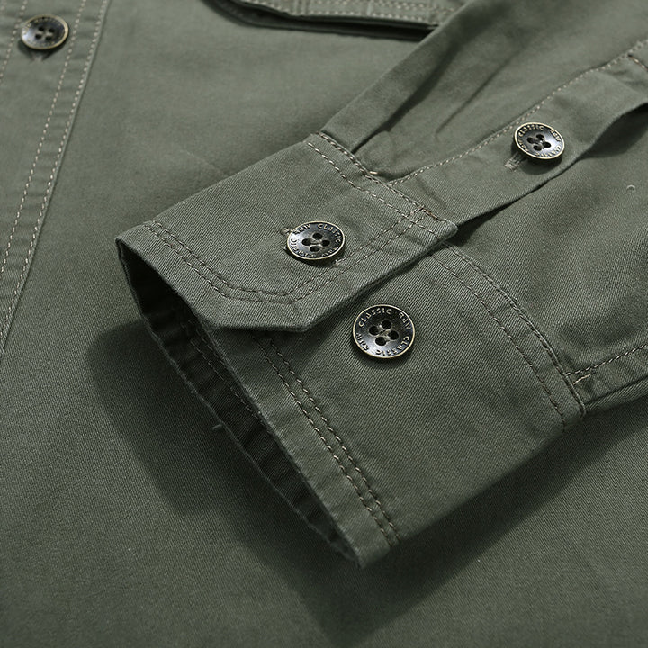 Men's Cotton Utility Shirt with Snap Button Chest Pockets and Stand Collar Mune Fashion