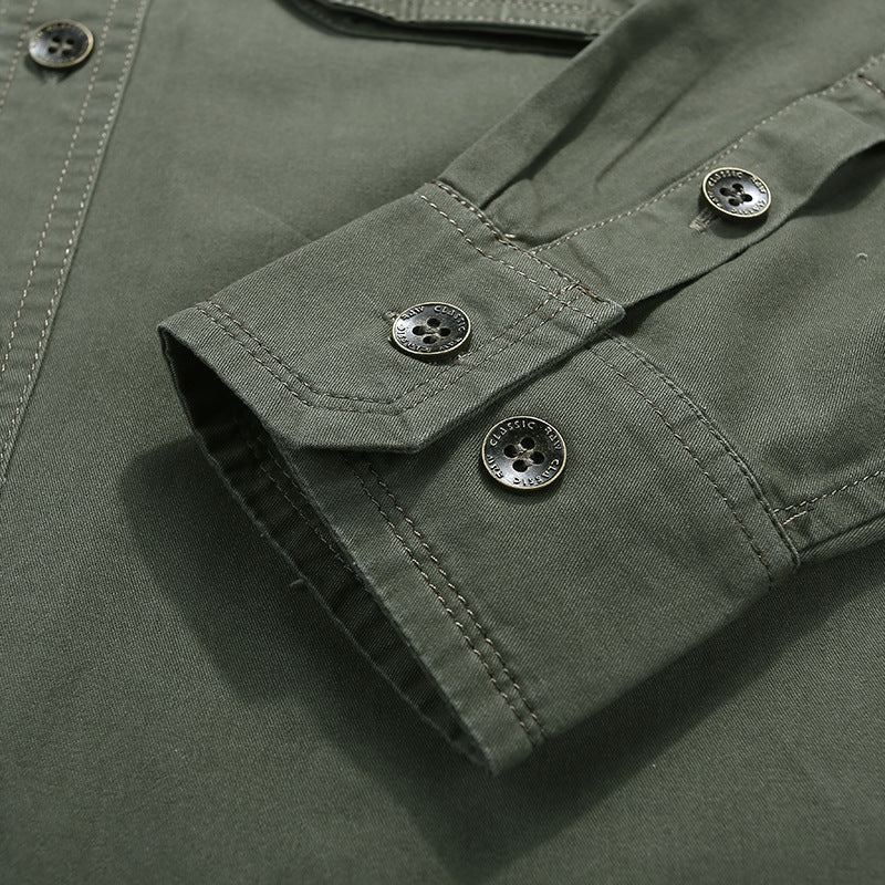 Men's Long Sleeve Canvas Shirt in Utility Style with Chest Pockets and Standing Collar Mune Fashion