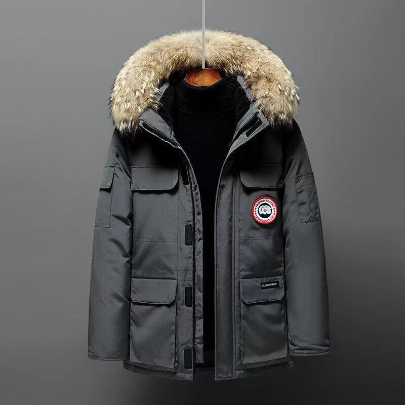 Men's down parka, mid-length, for outdoor activities