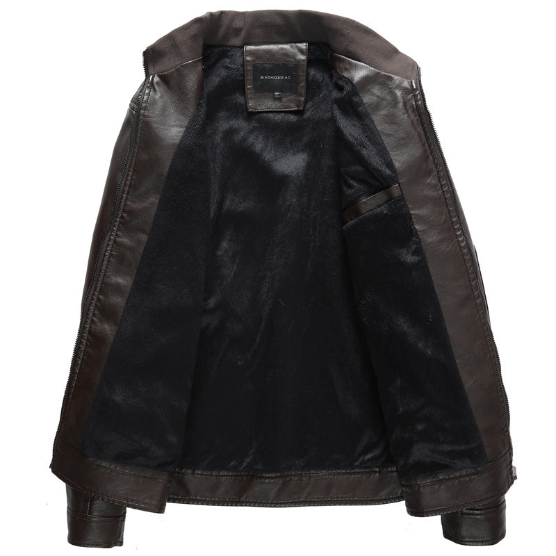 Men's faux leather biker jacket with stand collar, zippered pockets, and slim fit Mune Fashion