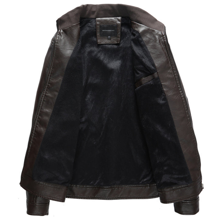 Men's faux leather biker jacket with stand collar, zippered pockets, and slim fit Mune Fashion