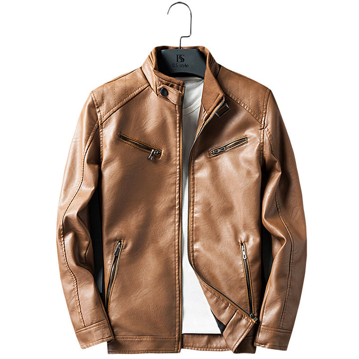 Men's faux leather biker jacket with stand collar, zippered pockets, and slim fit Mune Fashion