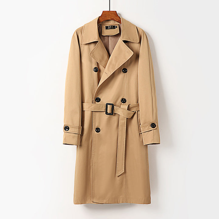 Men Water-Repellent Double-Breasted Trench Coat with Wide Lapels and Knee-Length Mune Fashion