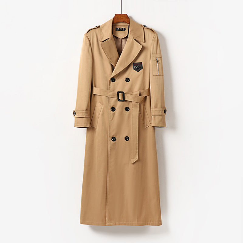 Men's Long Double-Breasted Trench Coat with Belt, Epaulettes and Zipper Sleeve Pocket Mune Fashion
