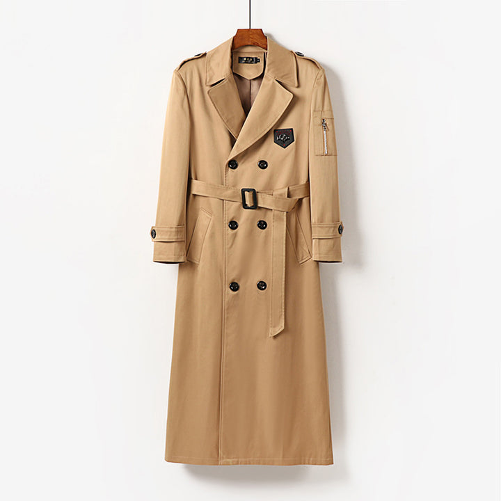 Men's Long Double-Breasted Trench Coat with Belt, Epaulettes and Zipper Sleeve Pocket Mune Fashion